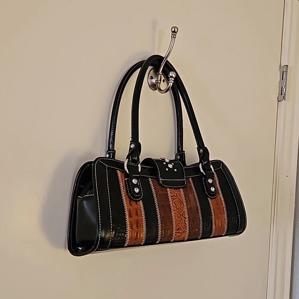 Vintage 1990s Mixed Animal Print Rhinestone Buckle Leather Baguette Satchel Bag